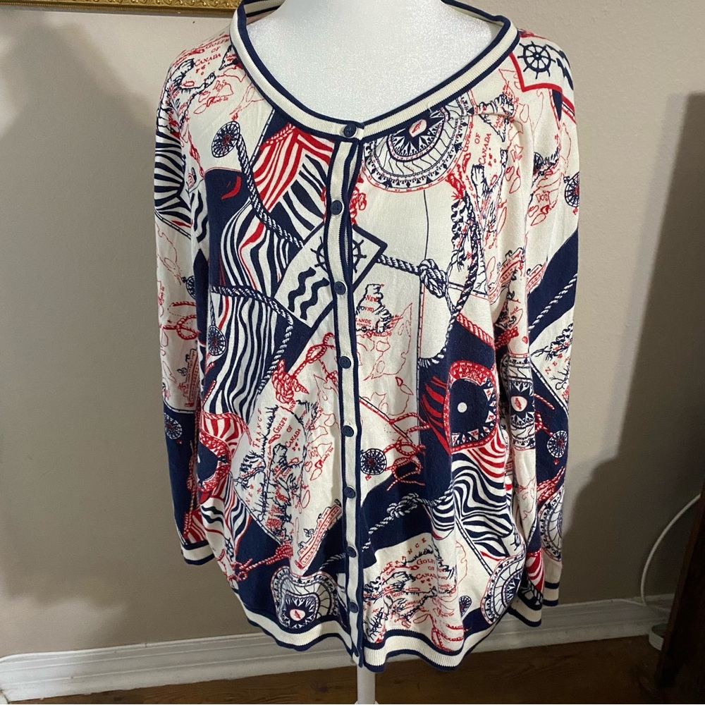 Talbots XL Cardigan Sweater Nautical Map Print Red Navy Ivory Button Front